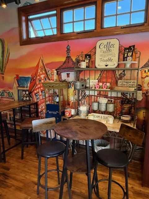 A colorful seating nook at Gigi's